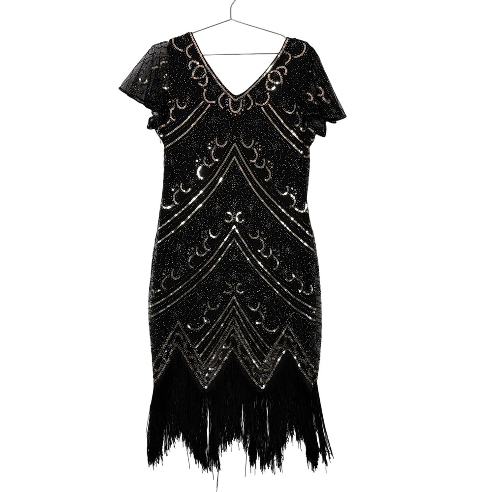FUNDAISY Womens Flapper Dress‎ 2XL Black Gold Sequin Bead Art Deco Fringe Gatsby